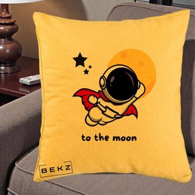 Perna Decorativa Astronaut To The Moon, 40x40 cm, Galben, Husa Detasabila, Perna Inclusa, BEKZ®