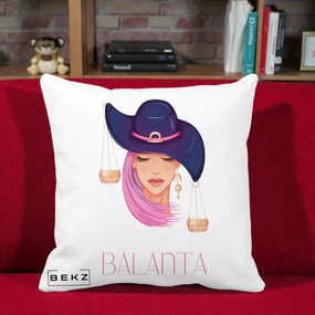 Perna Personalizata Zodiac Balanta Cowgirl, 40x40 cm, Alba Mata, Husa Detasabila, Perna Inclusa, BEKZ®