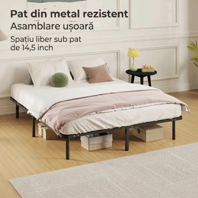 HOMCOM Pat Matrimonial Industrial cu 28 de Doghe și Spațiu de Depozitare, din Lemn și Oțel, 190x160x31 cm, Negru și Lemn | Aosom Romania