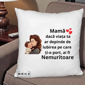 Cadou pentru Mama - Perna Personalizata Mama Nemuritoare cu Bebelus Lineart, 40x40 cm, Alb Pufos, Husa Detasabila, Perna Inclusa, BEKZ®