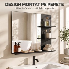 Kleankin Oglindă de Baie cu 3 Rafturi pentru Depozitare, Negru | Aosom Romania