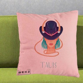 Perna Personalizata Zodie Taur, 40x40 cm, Roz, Husa Detasabila, Perna Inclusa, BEKZ®
