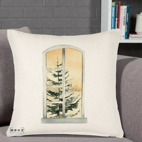 Perna Decorativa Fereastra cu Brad de Iarna, 40x40 cm, Crem Reliefat, Husa Detasabila, Perna Inclusa, BEKZ®