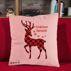 Perna Decorativa Ren Tartan Craciun Fericit, 40x40 cm, Roz, Husa Detasabila, Perna Inclusa, BEKZ®
