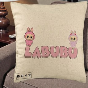 Perna Personalizata Labubu Duo Roz-Lila cu Text, 40x40 cm, Bej, Husa Detasabila, Perna Inclusa, BEKZ®