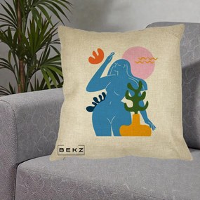 Perna Decorativa Femeie Albastra Cactus, 40x40 cm, Crem, Husa Detasabila, Perna Inclusa, BEKZ®