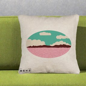 Perna Decorativa Peisaj Desert Oval Pastel, 40x40 cm, Bej Canapea, Husa Detasabila, Perna Inclusa, BEKZ®