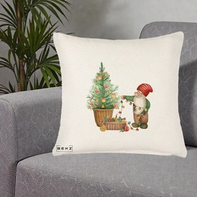 Perna Decorativa Pitic de Craciun cu Brad, 40x40 cm, Crem Reliefat, Husa Detasabila, Perna Inclusa, BEKZ®