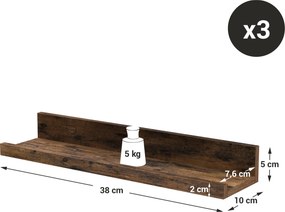 Set 3 buc rafturi de perete TAYLOR 38x10 cm, maro rustic