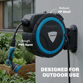 Outsunny Derulator Furtun Udare Montat pe Perete 14+1,5 m cu Blocare și Adaptoare, Rotativ 180°, 12 Moduri, 49x15x37cm, Albastru | Aosom Romania