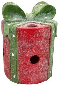 Decoratiune Craciun, cadou cu fundita, rotund, rosu si verde, LED, 3xAA, 23.5x23.5x29 cm