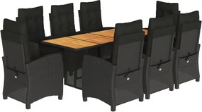 vidaXL Set mobilier de grădină cu perne, 9 piese, negru, poliratan