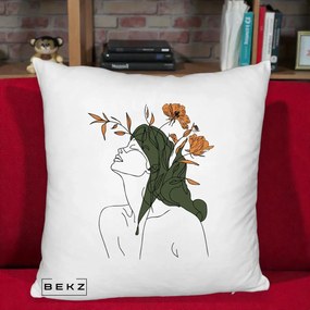 Perna Decorativa Portret Feminin Profil Flori Portocalii, 40x40 cm, Alb Pufos, Husa Detasabila, Perna Inclusa, BEKZ®