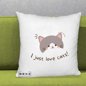 Perna Personalizata I Just Love Cats Pisica Kawaii, 40x40 cm, Alb Pufos, Husa Detasabila, Perna Inclusa, BEKZ®