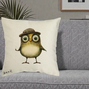 Perna Decorativa Pui Intelectual cu Palarie Tweed, 40x40 cm, Ecru, Husa Detasabila, Perna Inclusa, BEKZ®