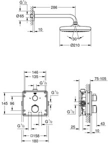 Sistem dus incastrat cu termostat Grohe Grohtherm Perfect Tempesta 210, fara para dus de mana, baterie patrata
