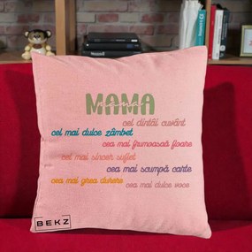 Cadou pentru Mama - Perna Personalizata Mama Cel Dintai Cuvant cu Text Colorat Multicolor, 40x40 cm, Roz, Husa Detasabila, Perna Inclusa, BEKZ®