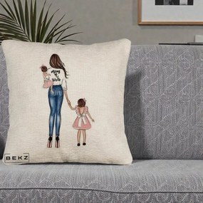 Cadou pentru Mama - Perna Personalizata Mom of Girls Mama cu Fetele, 40x40 cm, Bej Canapea, Husa Detasabila, Perna Inclusa, BEKZ®