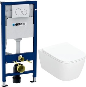 Rezervor WC cu cadru incastrat Geberit Duofix cu clapeta alba Delta20 si vas WC suspendat Smyle TurboFlush alb cu capac softclose
