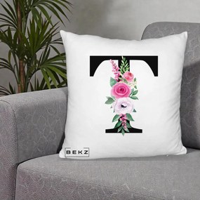 Cadou Personalizat - Perna Personalizata Monograma Florala Litera T, 40x40 cm, Alb Pufos, Husa Detasabila, Perna Inclusa, BEKZ®