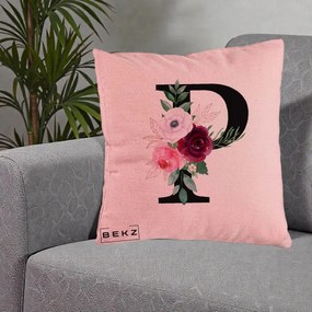 Cadou Personalizat - Perna Personalizata Monograma Florala Litera P, 40x40 cm, Roz, Husa Detasabila, Perna Inclusa, BEKZ®