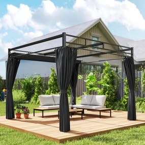Outsunny Gazebo Pergolă 3x3 m cu Acoperiș Retractabil Glisant, 4 Pereți Laterali, Orificii de Drenare, Pergolă de Grădină din Poliester și Oțel, pentru Terasă, Curte, Exterior, UV30+, Gri Închis | Aosom Romania