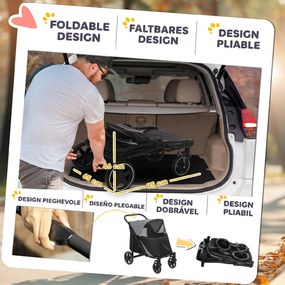 PawHut Cărucior Pliabil pentru Câini cu 4 Roți, Intrări cu Fermoar și Ferestre din Plasă, 112x65x100 cm, Gri | Aosom Romania