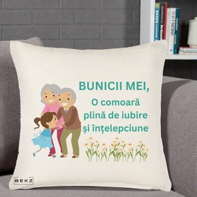 Cadou pentru Bunici - Perna Personalizata Bunicii Mei Comoara Iubire Intelepciune Nepoata, 40x40 cm, Crem Reliefat, Husa Detasabila, Perna Inclusa, BEKZ®