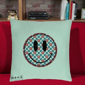 Perna Decorativa Smiley Face Checkered cu Floricele, 40x40 cm, Verde Menta, Husa Detasabila, Perna Inclusa, BEKZ®