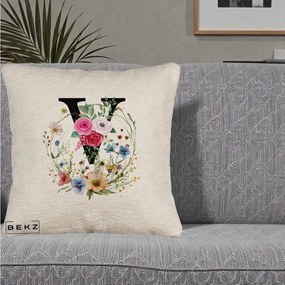 Cadou Personalizat - Perna Personalizata Monograma Florala Litera V cu Coroana, 40x40 cm, Bej Canapea, Husa Detasabila, Perna Inclusa, BEKZ®