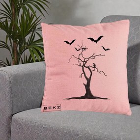 Perna Decorativa Halloween Copac cu Lilieci Alb-Negru, 40x40 cm, Roz, Husa Detasabila, Perna Inclusa, BEKZ®