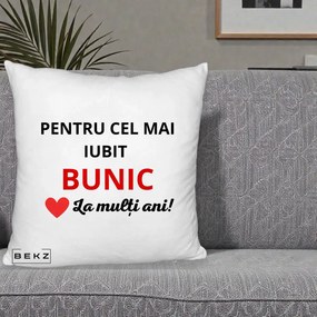 Cadou pentru Bunic - Perna Personalizata Pentru Cel Mai Iubit Bunic La Multi Ani Rosu, 40x40 cm, Alb Pufos, Husa Detasabila, Perna Inclusa, BEKZ®