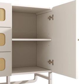 Comodă în stil rustic cu ratan și mânere aurii, 3 sertare și 1 ușă, 120x40x85 cm, Alb