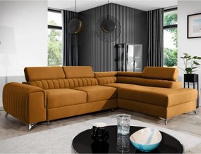 Colțar galben extensibil/cu spațiu de depozitare cu tapițerie din catifea (cu colț pe partea dreaptă/în formă de ”L”) Laurence – ELTAP