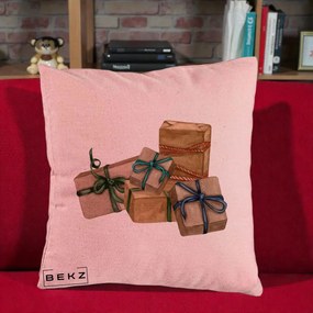 Perna Decorativa Cadouri de Craciun Kraft, 40x40 cm, Roz, Husa Detasabila, Perna Inclusa, BEKZ®