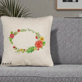 Perna Decorativa Coroana Florala Acuarela, 40x40 cm, Bej Canapea, Husa Detasabila, Perna Inclusa, BEKZ®