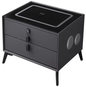Noptiera inteligenta cu &icirc;ncărcare wireless și iluminare LED &ndash;culoare gri antracit, 2 Sertare de depozitare, design modern-sticlă securizata