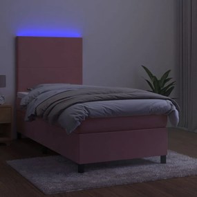 Pat cu arcuri, saltea si LED, roz, 90x190 cm, catifea Roz, 90 x 190 cm, Design simplu