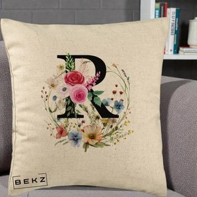 Cadou Personalizat - Perna Personalizata Monogram Litera R cu Flori Acuarela, 40x40 cm, Bej, Husa Detasabila, Perna Inclusa, BEKZ®