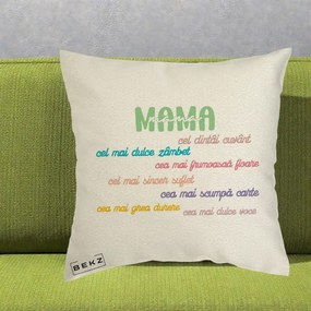 Cadou pentru Mama - Perna Personalizata Mama Cel Dintai Cuvant cu Text Colorat Multicolor, 40x40 cm, Ecru, Husa Detasabila, Perna Inclusa, BEKZ®