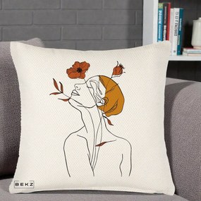 Perna Decorativa Portret Feminin Mac Privire Inalta, 40x40 cm, Crem Reliefat, Husa Detasabila, Perna Inclusa, BEKZ®