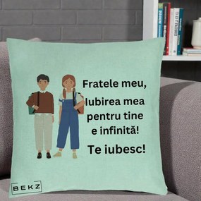 Cadou pentru Frate - Perna Personalizata Fratele Meu Te Iubesc Elevi Ilustratie Colorata, 40x40 cm, Verde Menta, Husa Detasabila, Perna Inclusa, BEKZ®