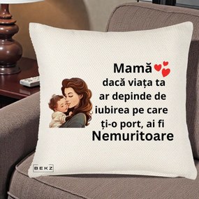 Cadou pentru Mama - Perna Personalizata Mama Nemuritoare cu Bebelus Lineart, 40x40 cm, Crem Reliefat, Husa Detasabila, Perna Inclusa, BEKZ®