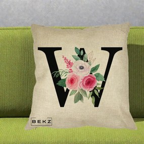 Cadou Personalizat - Perna Personalizata Monograma Florala Litera W cu Trandafiri si Anemona, 40x40 cm, Crem, Husa Detasabila, Perna Inclusa, BEKZ®