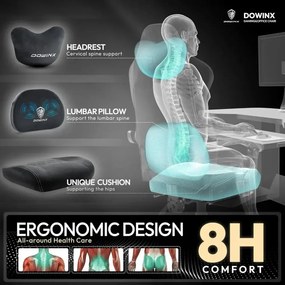 DOWINX Scaun gaming, ergonomic, Incalzire si Masaj cu Role in perna lombara, Șezut cu Arcuri Metalice și Spumă, rabatabil 90°-135°, Suport picioare, rezistent 150 kg, material textil, Negru