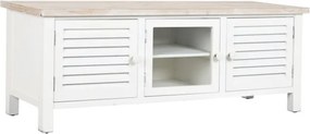 Comodă TV joasă din lemn, alb, cu blat natur, 3 uși, 3 rafturi, lamele tip jaluzea și ușă centrală din sticlă, 45 x 120 x 40 cm, „Pure Living”