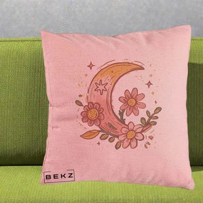 Perna Decorativa Luna Florala Boho, 40x40 cm, Roz, Husa Detasabila, Perna Inclusa, BEKZ®