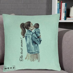 Cadou pentru Mama - Perna Personalizata The Best Mom Jachete, 40x40 cm, Verde Menta, Husa Detasabila, Perna Inclusa, BEKZ®