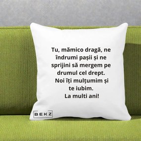 Cadou pentru Mama - Perna Personalizata Mamico Draga Te Iubim La Multi Ani cu Text Negru, 40x40 cm, Alba Mata, Husa Detasabila, Perna Inclusa, BEKZ®