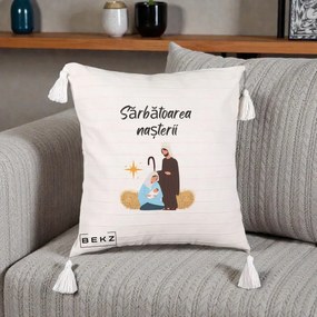 Perna Decorativa Nasterea Domnului Sfanta Familie Sarbatoarea Nasterii, 40x40 cm, Bej cu Franjuri, Husa Detasabila, Perna Inclusa, BEKZ®